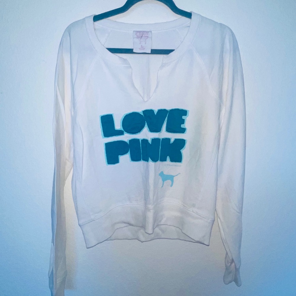 VTG PINK Victoria's Secret Womens Sweatshirt L White Blue Love Pink Split Neck
